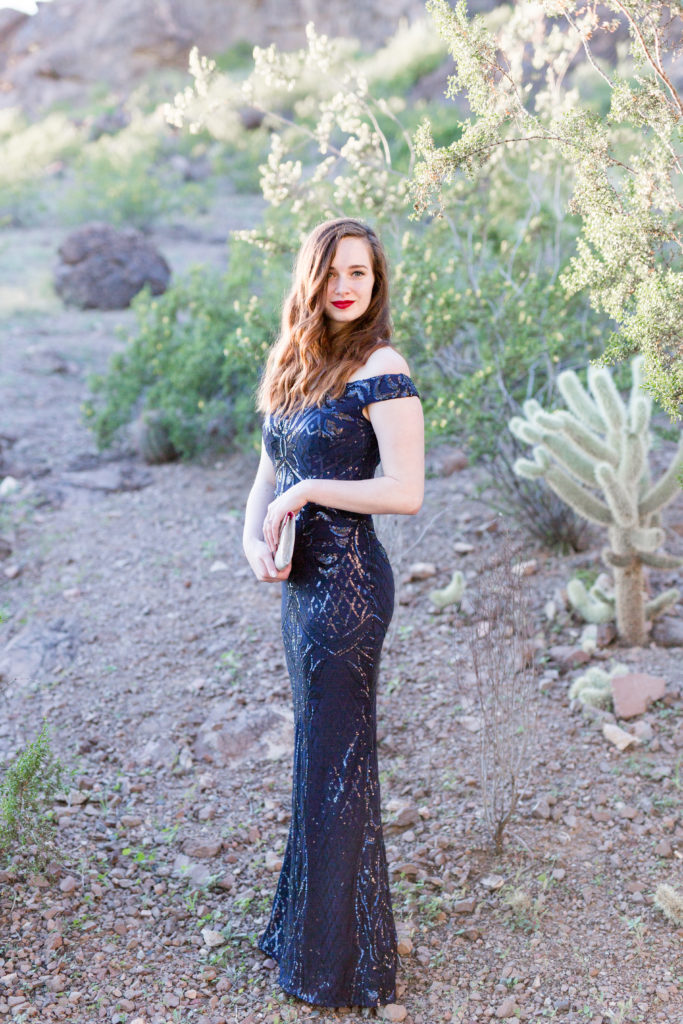 Woman in sequence gown headed to Showit United Gala in Tempe, AZ